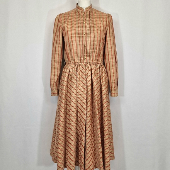 Vintage Japanese Cordier Gold Red Beige Tartan Pleated Fit And Flare Dress 10 - Picture 2 of 8
